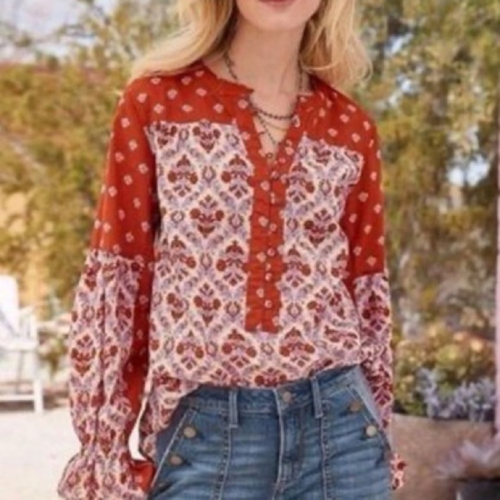 Sundance Multi Color Bohemian Cotton Long Sleeve Blouse Red Orange Pink Small